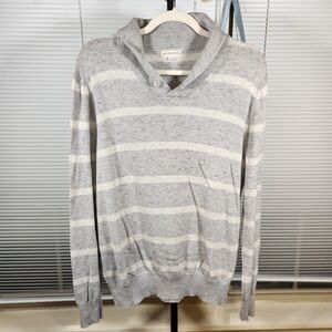 British Khaki $80 Medium Shawl Collar 100% Cotton Gray White Stripe Sweater